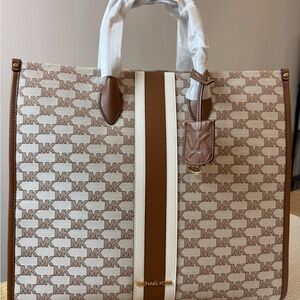 Michael Kors Brown & Cream MK Logo Stripe Tote